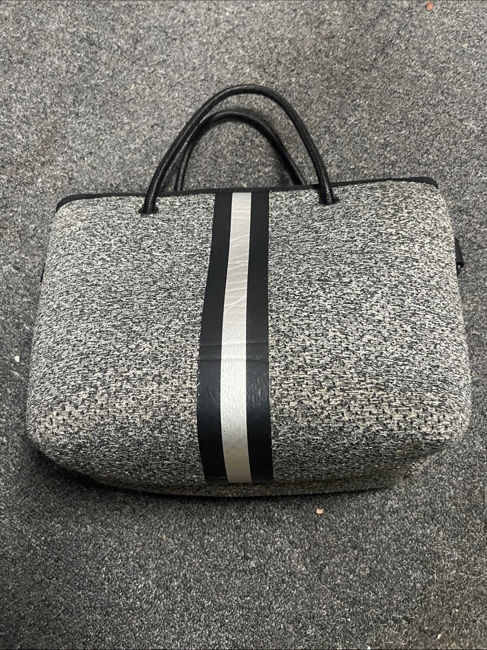 Haute Shore Textured Gray Carry Bag with Black & Silver Stripe
